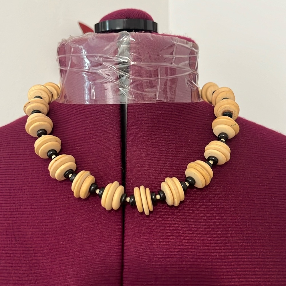 Artisan made beaded string, wooden eclectic, unique, artsy necklace